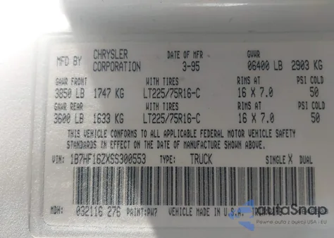 1995 Dodge Ram 1500 from USA, damaged, VIN 1B7HF16ZXSS300553